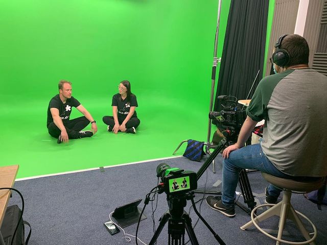 Primary school video workshops in action: Carly and Clem in front of the camera